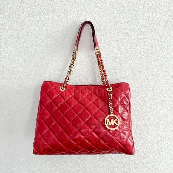 Michael Kors Susannah Red Quilted Chain Shopper Tote Bag
